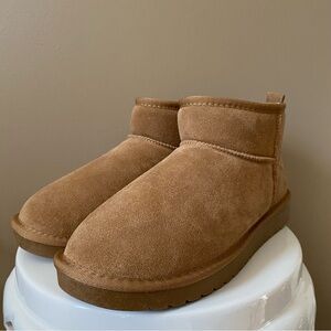GREYSTONE SUEDE FAUX FUR SHEARLING SLIP ON ANKLE BOOTS ULTRA MINI Rich Camel 9.5